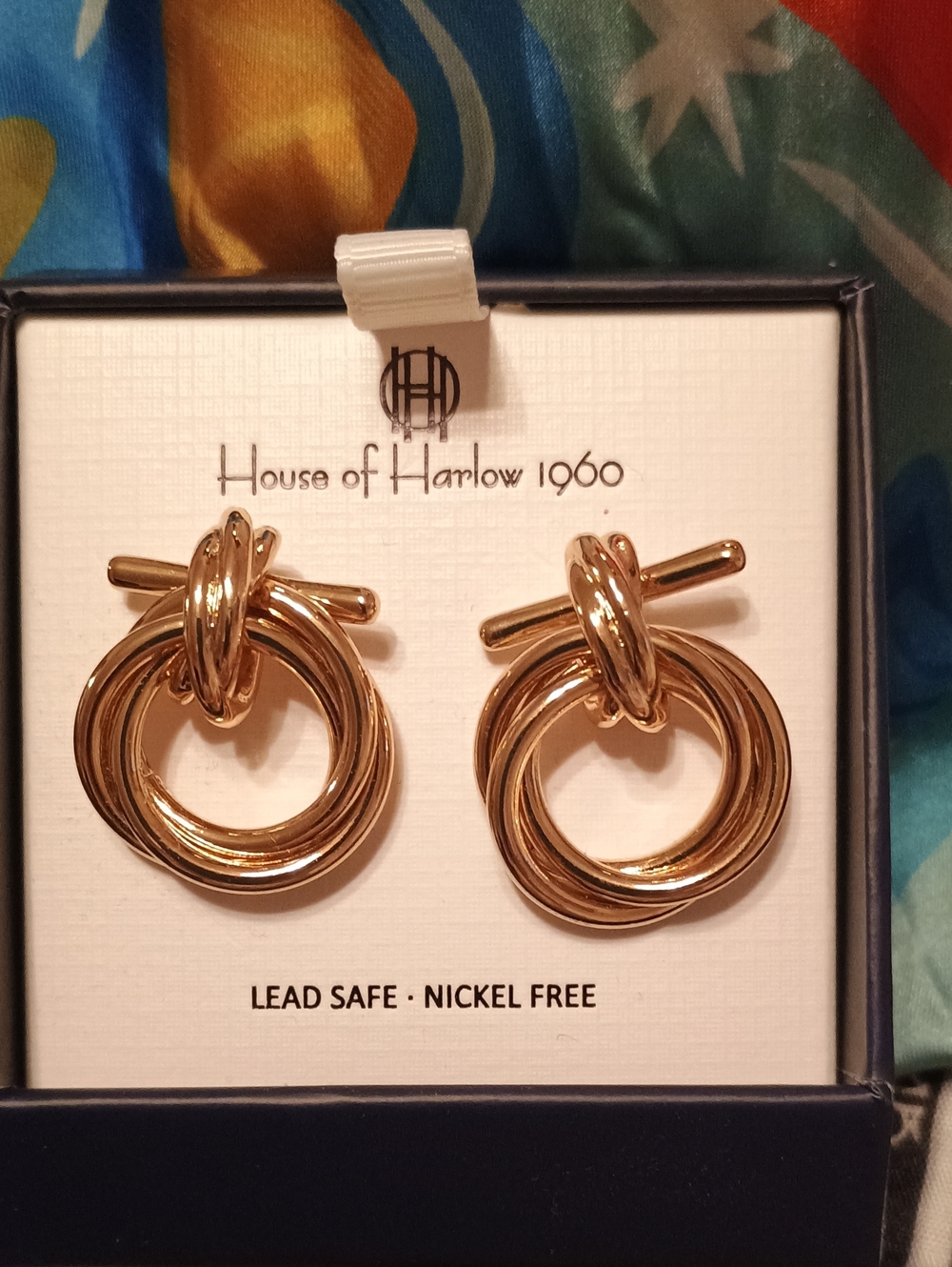 House of Harlow 1960 Gold Tone Triple Hoop Knot Stud Earrings NWTS